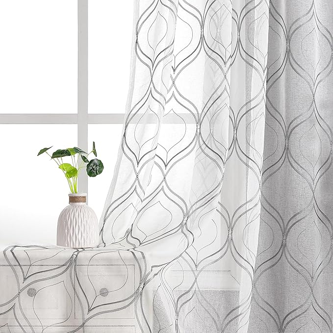 VISIONTEX White Sheer Curtains 108 Inches Long 2 Panels Set Grey Moroccan Embroidered Curtains Trellis French Textured Rod Pocket Voile Tulle Semi Window Drapes for Bedroom Living Room 54 x 108 Inch
