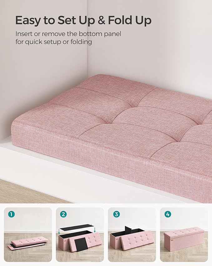 SONGMICS MAZIE Collection - 43 Inches Folding Storage Ottoman Bench, Ottoman Foot Rest, End of Bed Bench, Storage Chest, Load 660 lb, for Living Room, Bedroom, Entryway, Jelly Pink ULSF077R11