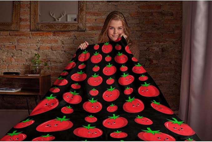 Thuswarm Cute Tomato Kawaii Black Flannel Throw Blanket Warm Cozy Soft Funny Print Blankets for Bed Couch Sofa Room Decoration Gifts 50”×40” Small for Kid