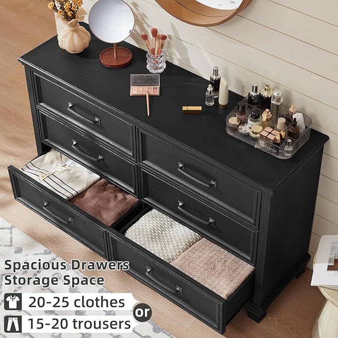 Farmhouse Bedroom Dresser and Nightstand Set of 4, 6 Drawer Tall & Low Dresser & 2 Drawer Nightstand Set, Rustic Wood Furniture Set for Bedroom, Hallway, Black