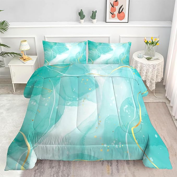 Teal Twin Bedding Set: Aqua Teal Marble Comforter Set for Teens Girls Women Abstract Cyan Blue Quilts Green and Gold Glitter Marbling Bed Sets 1 Comforter & 1 Pillow Case