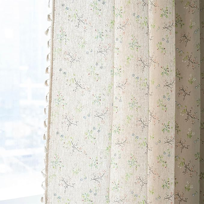 ENJOYBRIDAL Floral Boho Curtains 4 Panels Short 63 Inch Curtains Patterned Semi Sheer Living Room Drapes Farmhouse Bohemian Window Curtain Panels with Tassel Beige Rod Pocket Bedroom Drapes