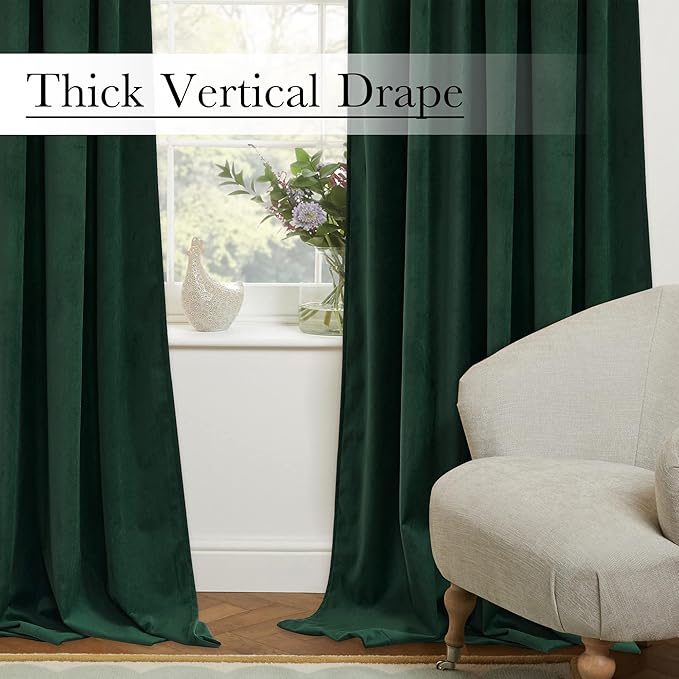 StangH Green Velvet Curtains 102 inches Long 2 Panels, Luxury Dark Green Decorative Backdrops Light Blocking for Party/Holiday, Solid Warming Drapes Heat & Cold Resistant for Bedroom, W52 x L102