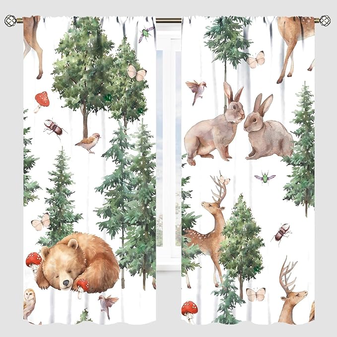 YCness Forest Animal Curtains, Wild Animals Watercolor Woodland Bear Rabbit Cartoon Window Treatments for Kids Bedroom Living Room Kitchen Living Room Drapes, 52x84 Inch