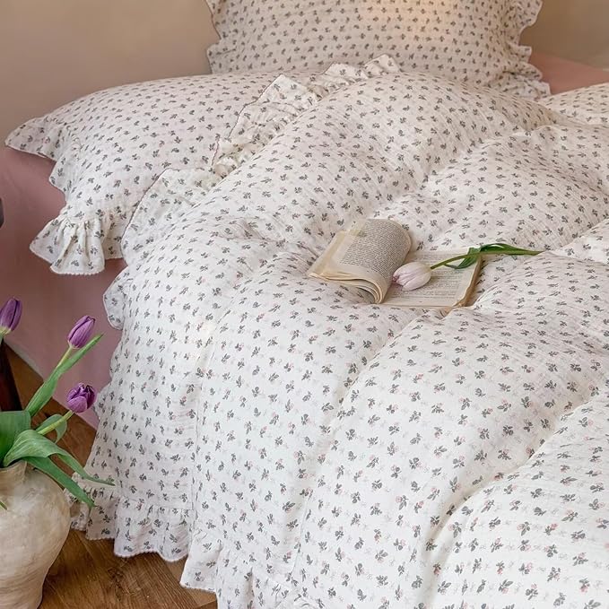 BuLuTu Chic Floral Muslin Duvet Cover Queen, Princess Ruffles Comforter Cover with Bellflower Print, Teens Bedding Queen Girls Quilt Covers 90"x90", Zipper Closure, No Pillow Cases