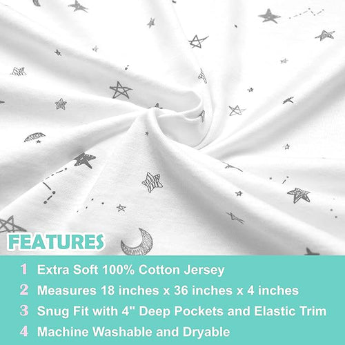 American Baby Company 100% Natural Cotton Fitted Cradle/Bassinet Sheet 36" x 18" - Soft, Breathable & Hypoallergenic Bed Sheet, Gray Stars and Moons, Neutral for Boys & Girls