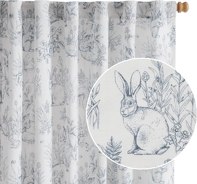 jinchan Linen Nursery Curtains 96 inch Long Woodland Wildlife Blue Print Drapes for Kid's Room Light Filtering French Country Farmhouse Curtains with Bunny and Forest Design Set of 2 Panels