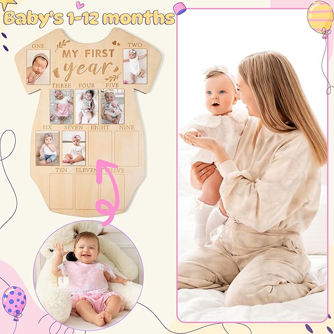 R HORSE My First Year Photo Display Wood Board, Baby’s First Year Picture Frame 12 Months Milestone Sign Bodysuit Shape 1st Birthday Photo Frame Baby Keepsake Board Nursery Decor Gift for Boy Girl