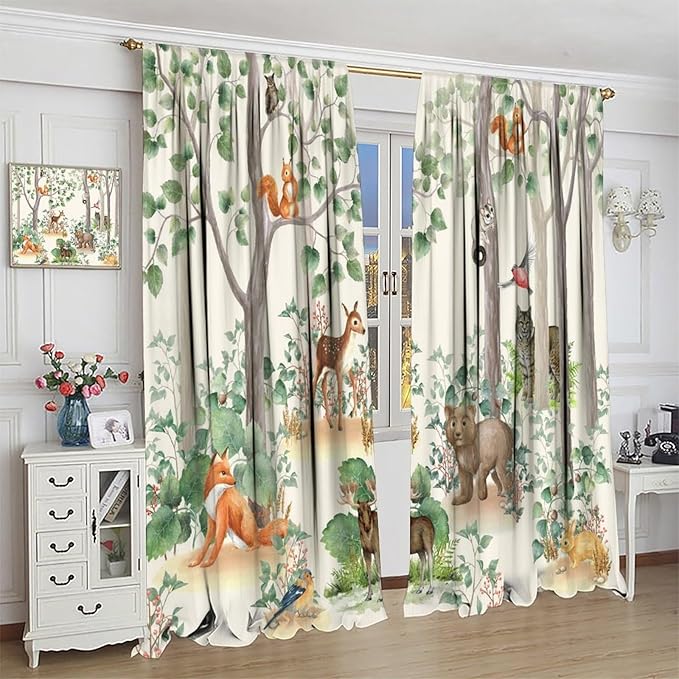 Woodland Animal Curtains, Cartoon Wild Rustic Forest Animals Pattern Blackout Window Treatments, Rod Pocket Thermal Insulated Drapes 2 Panel Sets for Kids Bedroom Nursery Classroom, 42" W X 54" L