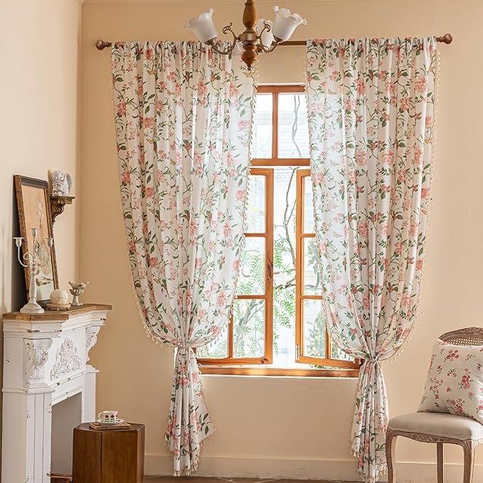 ENJOYBRIDAL Pink Floral 96 Inch Curtains for Bedroom Living Room Drapes Semi Sheer Boho Rod Pocket Long Window Curtains 2 Panel Sets Farmhouse Light Filtering Vintage Cute Window Treatments