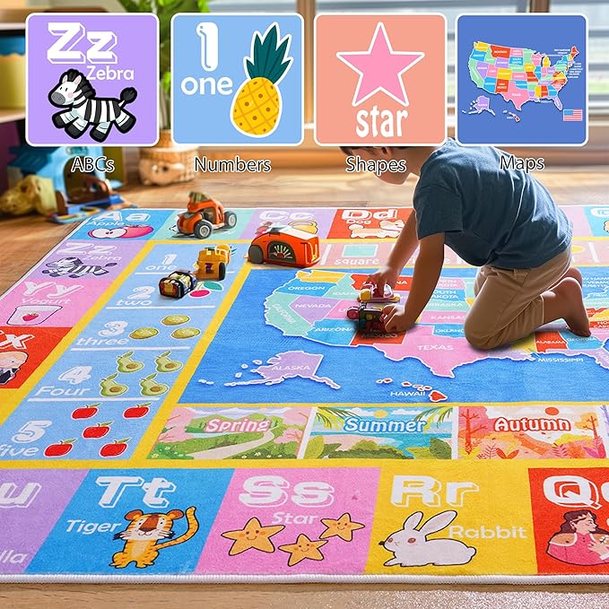 Kids Rugs for Playroom - Soft & Non-Slip 4x5 Feet Educational Rug for Learning ABC Alphabet, Numbers, Shapes & Map, Washable Classroom Rug for Toddler Nursery & Kids Room Decor