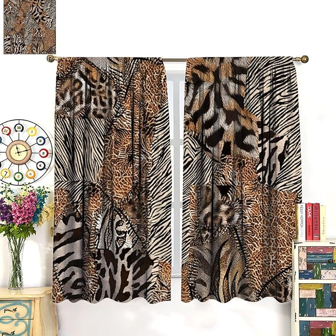 Leopard Print Curtains, Brown Wild Cheetah Zebra Animal Fur Farmhouse Window Curtains for Bedroom Kitchen Living Room 55" W X 63" L