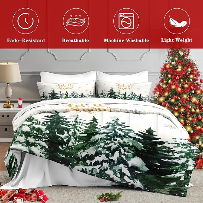 7 Pcs King Size Christmas Comforter Set with 2 Pillowcases & 2 Shams, Countryside Nature Snowy Bedding for Kids and Adults, Winter Forest Green Pine Tree Bed in a Bag with Flat Fitted Sheet
