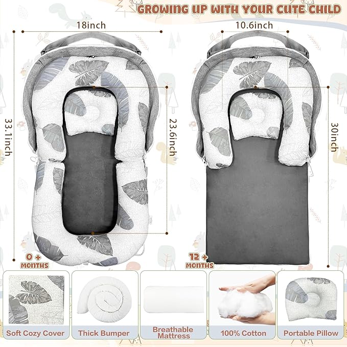 3-in-1 Baby Lounger Nests for Newborn, Foldable Infant Tummy Time Mat & Seated Support for 0-24M, Breathable Portable Baby Essentials Adjustable Soft Cotton Floor Seat for Home & Travel -Leaves