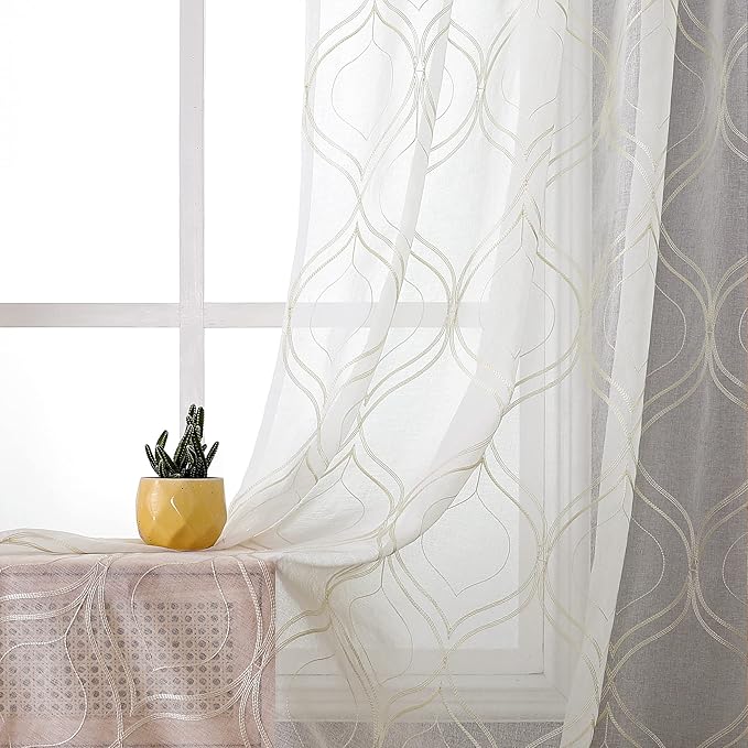 VISIONTEX White Sheer Curtains 72 Inches Long 2 Panels Set Beige Moroccan Embroidered Curtains Trellis French Textured Rod Pocket Voile Tulle Semi Window Drapes for Bedroom Living Room 54 x 72 Inches