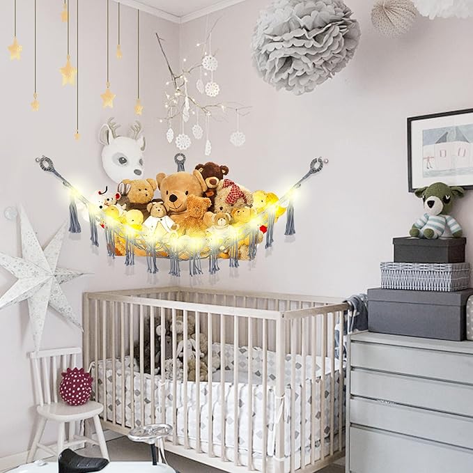 Stuffed Animal Hammock with LED Light, Large Stuffed Animals Storage Corner Plushie Net for Kids Room Decor, 2 Packs Grey