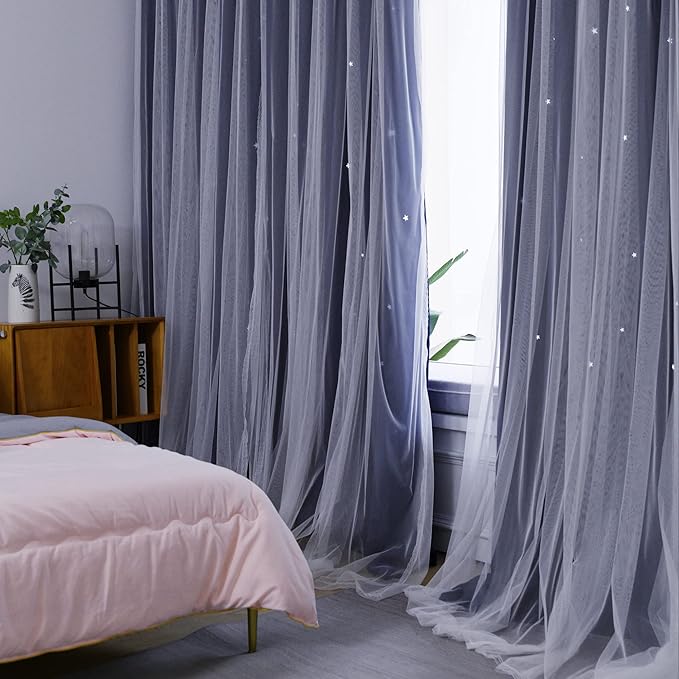 Kinryb Kids Star Cutout Curtains for Bedroom/Living Room/Classroom,2 Free Tiebacks Sheer Overlay 2 Panel Set, Double Layer Curtains for Kids Room(Each Piece W70xL72 Inches 2 Pcs Navy Blue)