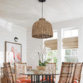 13.8in Rattan Lighting Wvoen Wicker Dome Pendant Lighting Rustic Chandelier for Kitchen Island, Coastal Ceiling Rattan Pendant Lights Ceiling for Living Room Dining Room Foyer Restaurant
