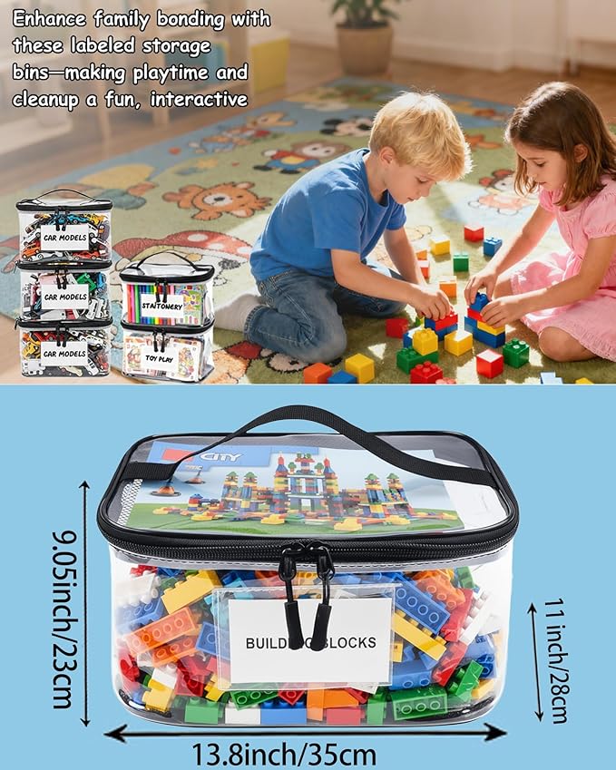 6 Pack Extra Large Clear Toy Storage Bags with Tag and Manual Pocket – Versatile Waterproof Organizer Bags for Lego Bricks, Board Games, Building Blocks, Puzzles, Dolls, Books (XX-Large Size, Black)