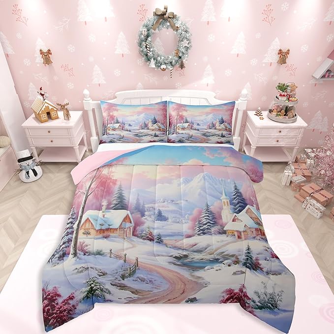 Feelyou Merry Christmas Kids Comforter Set Twin Size Village Barn Bedding Set Winter Snowscape Duvet Quilt for Kids Boys Girls Bedroom Pine Tree Decor Microfiber Ultra Soft Breathable