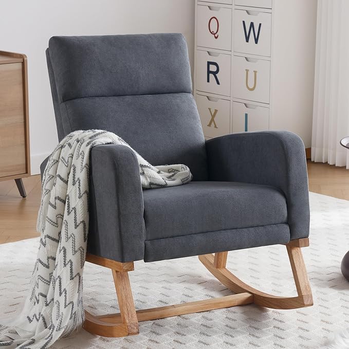Rocking Chair Nursery, Nursing Rocking Chairs with Foot Rest for Mom Nursery, Rocker Glider Chair with Footrest and High Backrest for Living Room, Bedroom, Dark Gray