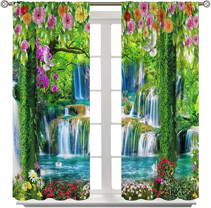 Jungle Nature Blackout Window Curtains, Trees Scenic Waterfall and River Spring Pattern Print Window Drapes, for Living Room Bedroom 52x84in 2 Panels