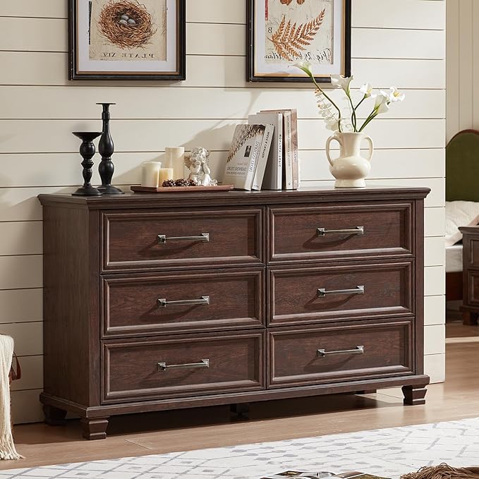 Farmhouse Bedroom Dresser and Nightstand Set of 4, 6 Drawer Low & 5 Drawers Dresser & 3 Drawer Nightstand Set with Wooden Legs, Rustic Wood Furniture for Bedroom, Hallway, Walnut