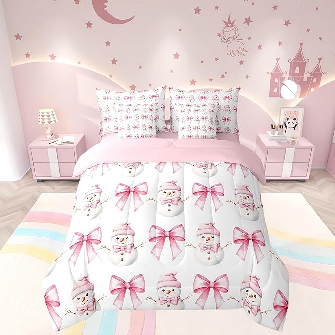 7 Pieces Cartoon Snowman Kids Comforter Full,Pink Bowknot Bow Tie Princess Toddler Bedding Set,Merry Christmas Xmas Bow New Year（Comforter+Fitted+Flat Sheet+2 Pillowcases+2 Throw Pillow Covers）