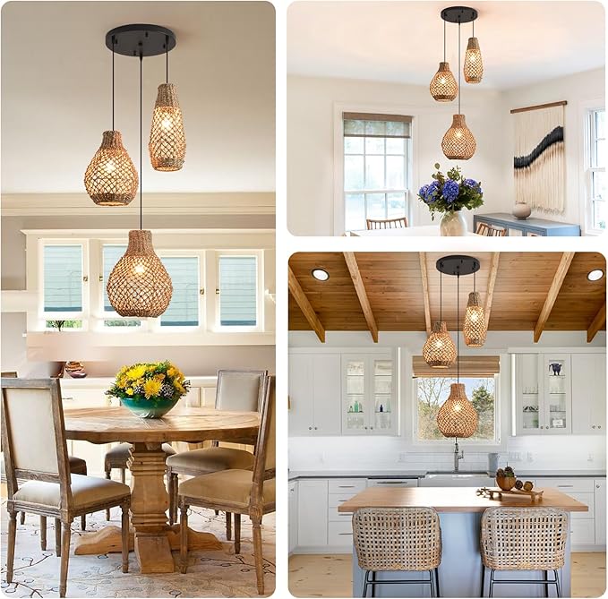 Rattan Pendant Light,3-Lights Hand Woven Chandelier,Boho Ceiling Hanging Light for Kitchen Island Dining Room, Bedroom Restaurant.