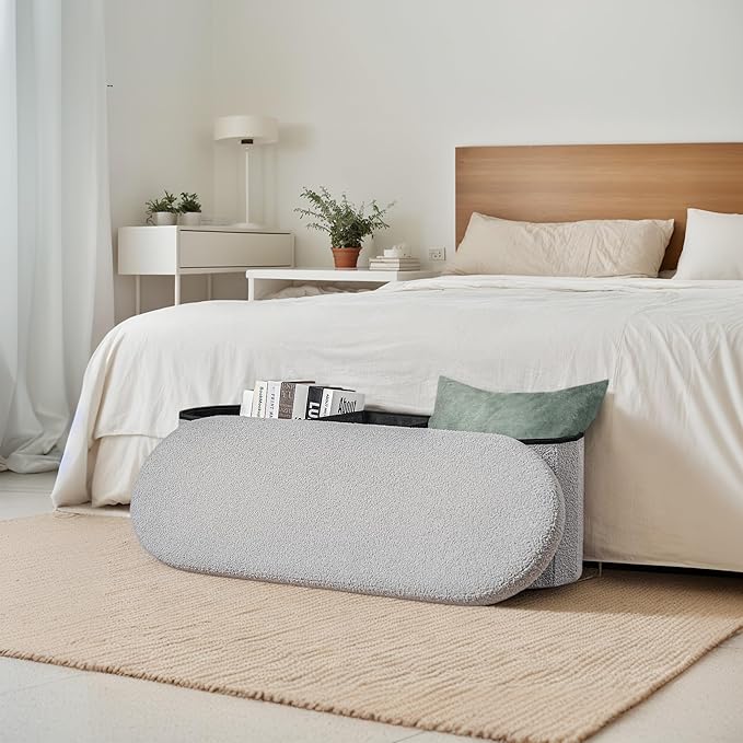 Storage Ottoman Bench, 43.3" Oval Upholstered Ottoman Foot Rest Foldable Boucle End of Bed Storage Bench for Living Room, Entryway, Grey