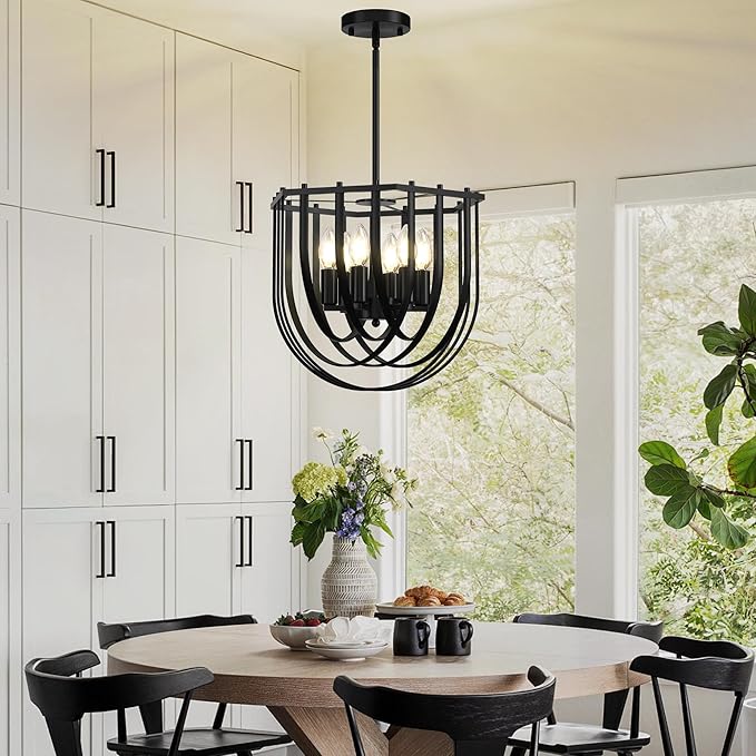 WJShome 6-Light Modern Farmhouse Chandelier, Black Dining Room Light Fixture, Hanging Pendant Lights Kitchen Island, Foyer Lighting Fixtures with Metal Frame, for Living Room, Bedroom, Entryway