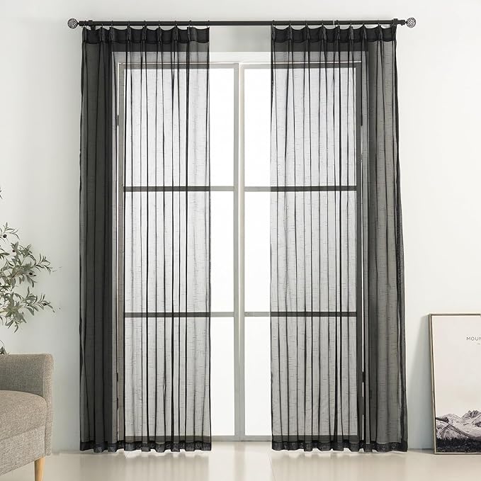 Black Linen Look Pinch Pleated Sheer Curtains 108 Inches Long 2 Panels, 50 Inches Width, Rustic Textured Light Filtering Drapes, Dark Moody Floor to Ceiling Window Curtain with Hooks