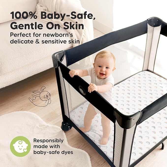 Pack and Play Sheets Fitted - 2-Pack Mini Crib Sheets for Pack N Play Mattress 38x26, Soft & Cozy, Neutral Toddler Playard Bedding, Snug Fitted Mini Baby Crib Mattress Cover Boy, Girl (Jolly Rainbow)