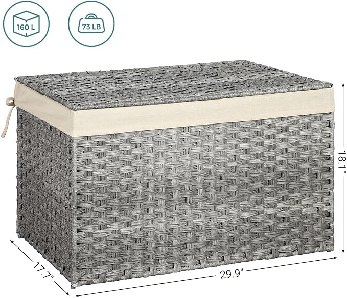 SONGMICS Storage Basket with Lid, 42.3 Gallon (160L) Storage Bin, Woven Blanket Storage Basket with Handles, Foldable, Removable Liner, Metal Frame, for Bedroom, Laundry Room, Gray URST76WG