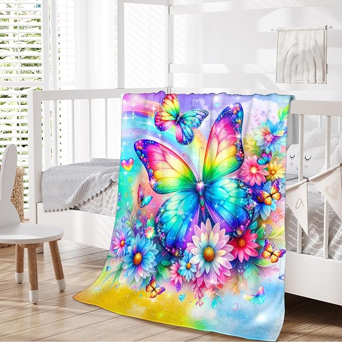 Girls Butterfly Blanket Gift, Throw for Kids Teens Adults 50x60 Inches Soft Warm Throw Blankets for Sofa Couch Bed Travel Aesthetics Decor Stuff
