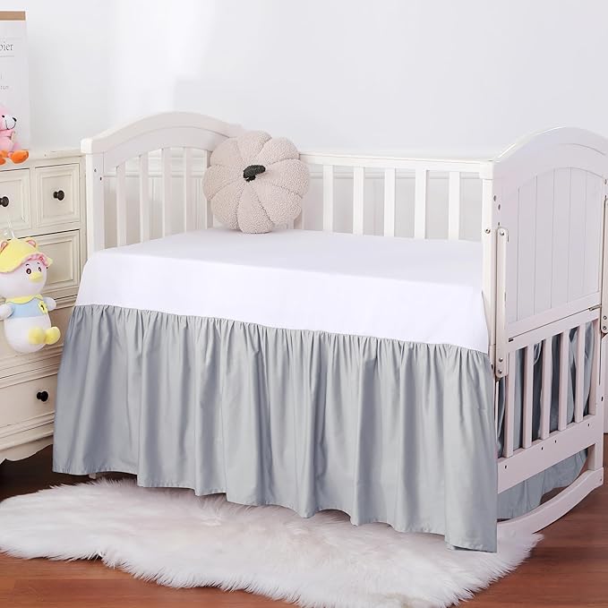 Crib Skirt Dust Ruffle, 100% Egyptian Cotton 400 Thread Count Soft Breathable Crib Bedding Skirt for Baby, Boys and Girls, Fading Resistant (Grey)