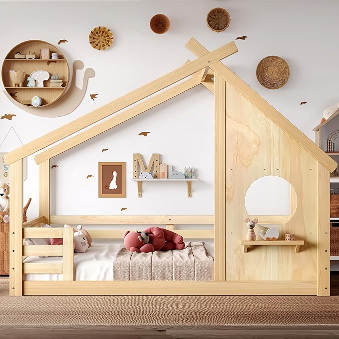 SOFTSEA Full Size Floor House Bed with Roof, Solid Wood Montessori Bed Frame with Slats and Guardrails, Kids Playhouse Floor Bed for Boys Girls, No Spring Box Needed, Natural