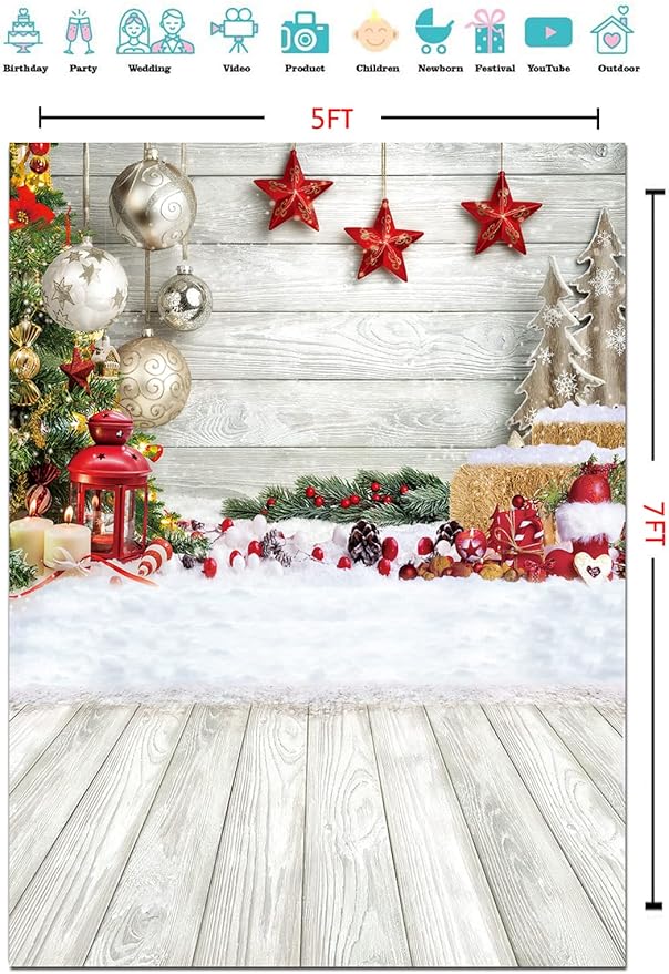 CYLYH 5x7ft White Wood Floor Photography Backdrop - Winter Snow Xmas Background for Newborn, Christmas & New Year Parties
