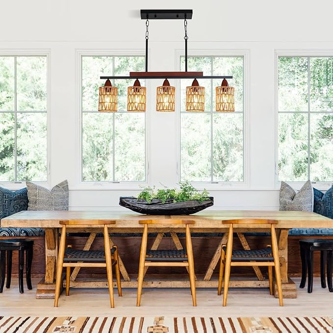 35in Farmhouse Rattan Chandelier Wood Boho Pendant Lighting 5-Light Kitchen Island Light Fixtures Linear Pandeant Light Fixture Rectangle Chandeliers for Dining Room Living Room