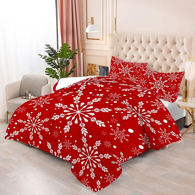 Comforter Set Christmas Snowflake: Twin Size Xmas White Snowflakes Red Bedding Sets for Kids Teen Girls Winter Snow Festival Bedroom Decor Bed Set 1 Comforter & 1 Pillowcase