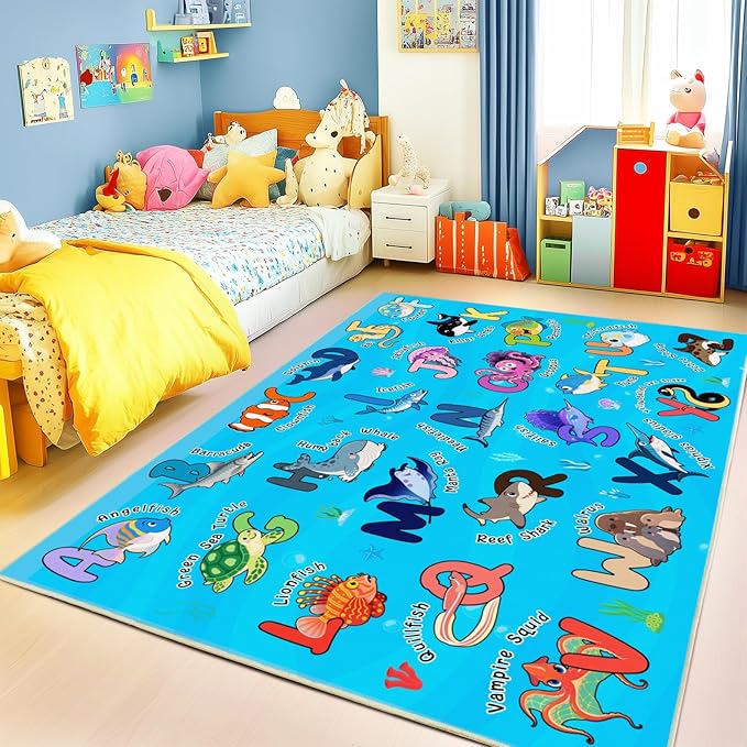 Kids Rugs for Playroom, 5x7 Feet Educational Rug for Learn The ABC Alphabet, Soft Machine Washable Non-Slip Cute Marine Organisms Carpet for Classroom Toddler Nursery Kids Room Decor, Blue