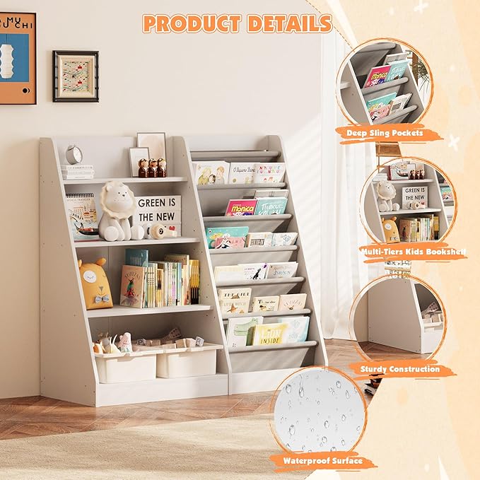 NACHES 4 Tier Kid Bookshelf Wooden 6 Sling Children Bookcase Toddler Montessori Bookcase Book Rack Display Toy Storage Organizer Book Display Shelf Stand Classroom Bedroom Nursery Playroom(White)