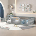 Harper & Bright Designs Full Floor Bed with Safety High Fence, Wood Montessori Bed with Door, Full Size Floor Beds with Solid Wood Support Slats for Boys, Girls, Kids, Gray