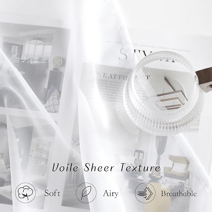NICETOWN White Sheer Sliding Door Curtains 90 inches Long for Living Room, Grommet Elegant Soft Voile Sheer Textured Airy & Breathable Window Treatments for Bedroom, W66 x L90, 2 Panels