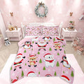 Feelyou Pink Christmas Bedding Set Soft for Boys Girls, Santa Claus Comforter Set Queen Size Penguin Deer Duvet Quilt Microfiber Xmas Snowflake Tree Bedroom Decor 3 Pcs with 2 Pillow Cases