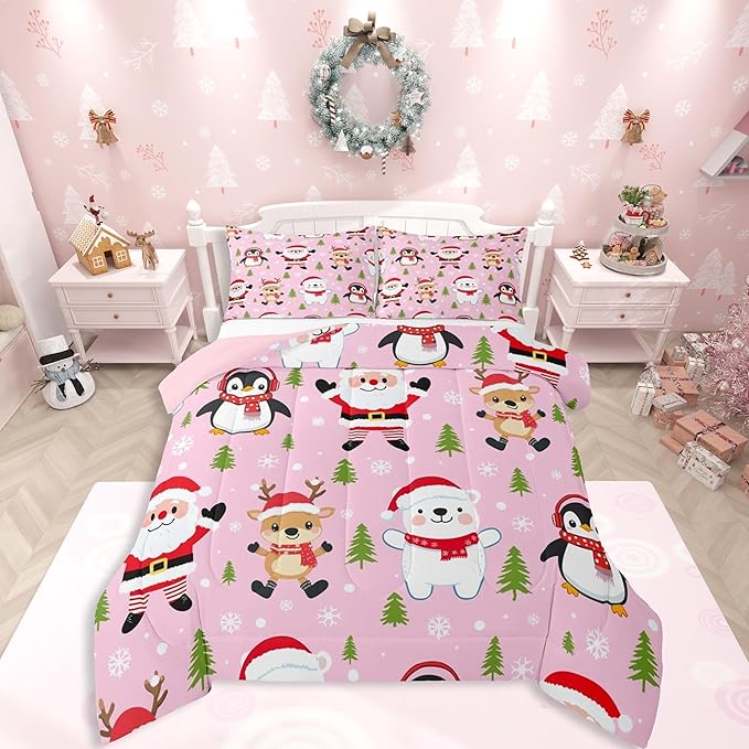 Feelyou Pink Christmas Bedding Set Soft for Boys Girls, Santa Claus Comforter Set Full Size Penguin Deer Duvet Quilt Microfiber Xmas Snowflake Tree Bedroom Decor 3 Pcs with 2 Pillow Cases