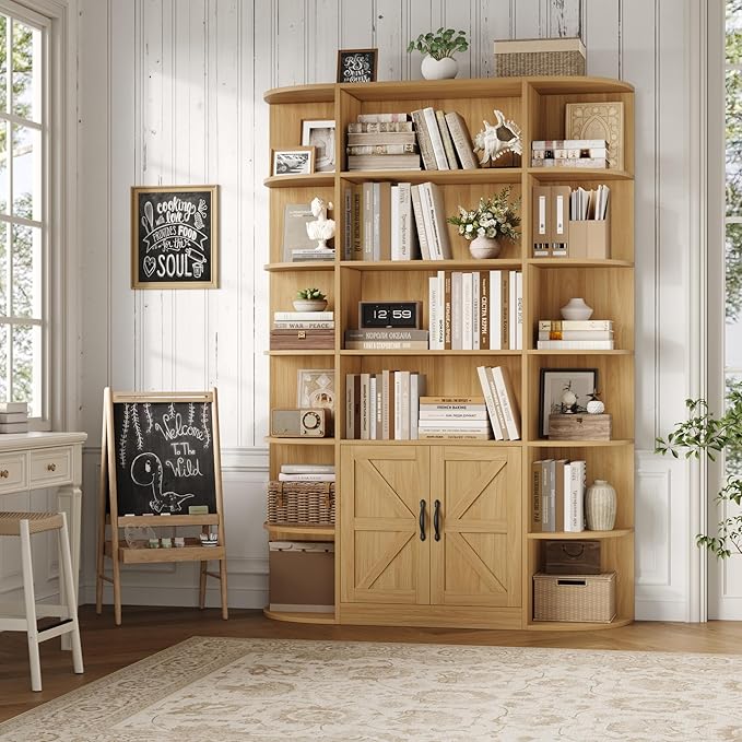 HOSTACK 75" Tall Book Shelf and Bookcase, 6 Tier Bookshelf with Storage, 47" Wide Bookcase with Door, Freestanding Wood Display Shelves with Book Storage Cabinet for Office, Living Room, Natural Oak