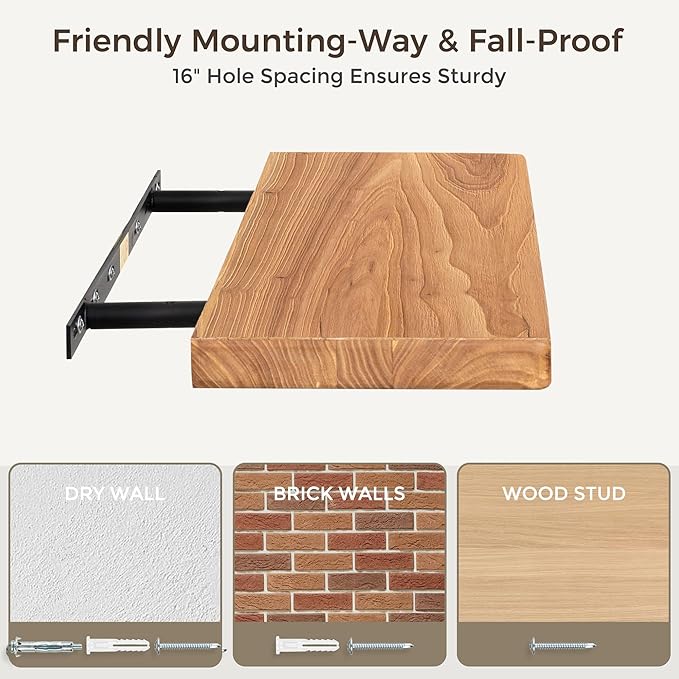 Fun Memories 72 Inch Floating Shelves for Wall, Solid Elm Wood Wall Shelf for Home Decor, Heavy-Duty Hardwood Floating Shelf for Bedroom, Bathroom, Living Room, Set of 1
