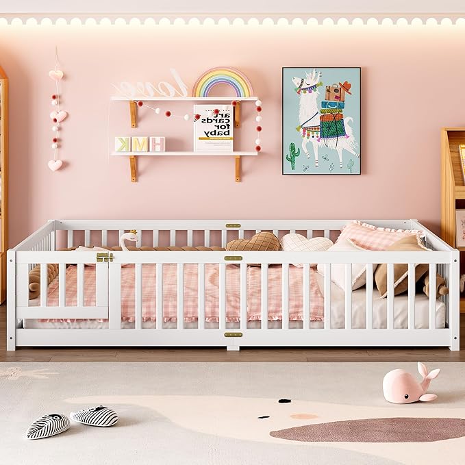 Bellemave Queen Size Floor Bed with Rails for Kids, Girls, Boys, Pine,Plywood Floor Bed with slats and Door, White
