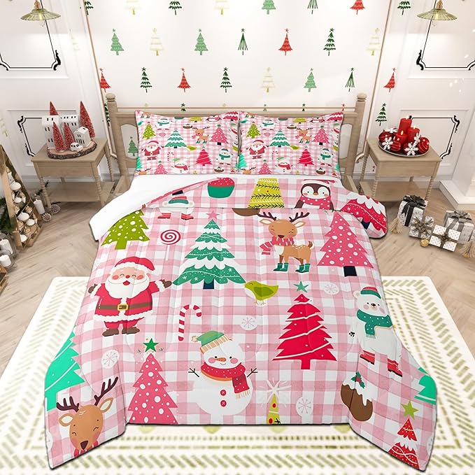Castle Fairy Merry Christmas Kids Full Size Comforter Set,Cartoon Xmas Style Cute Animals Bedding Comforters Bedroom Collection,Santa Claus Pine Trees Pink Checkered Bedding Set for Girls Teens